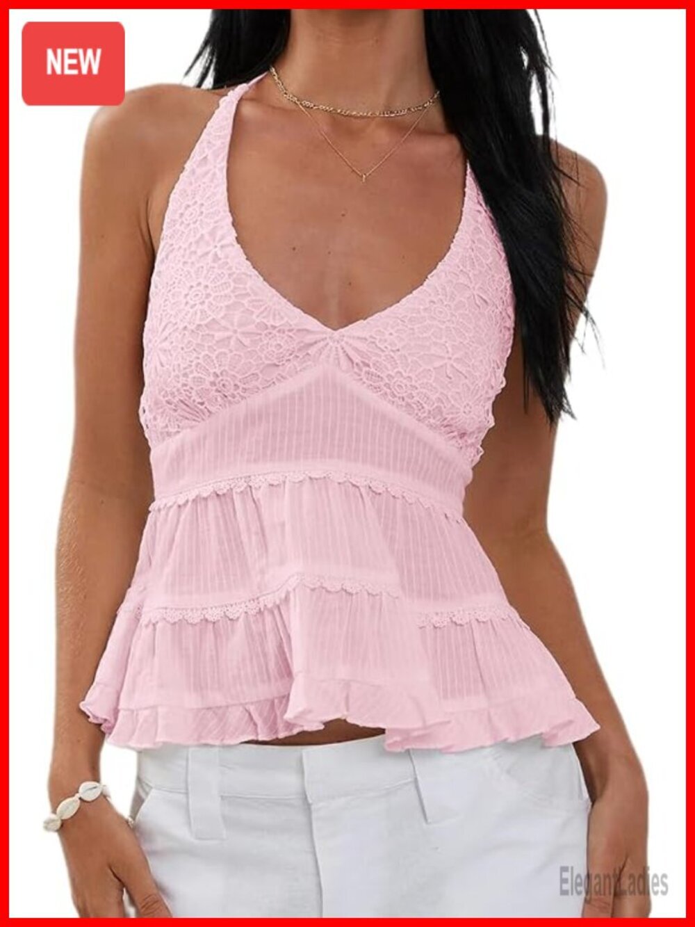Lace Halter Top Y2K V Neck Sleeveless Ruffle Hem Babydoll Tank Tops Tie Back